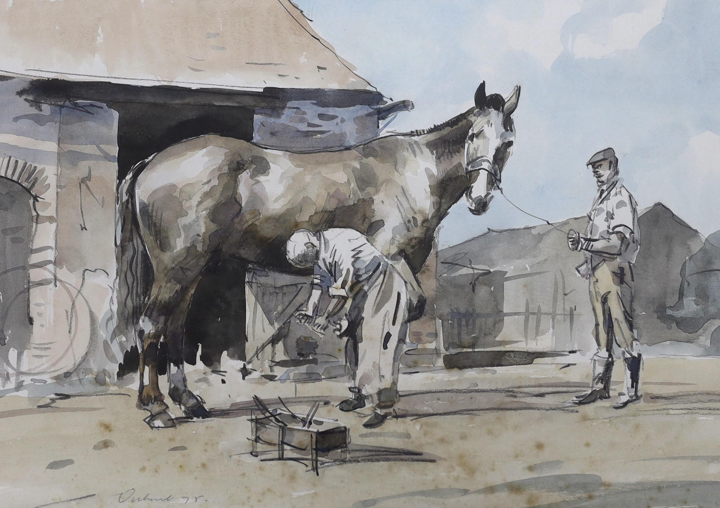 Stanley Orchart (1920-2005), watercolour, Farriers shoeing a horse, signed and dated ‘78, 39cm x 27cm